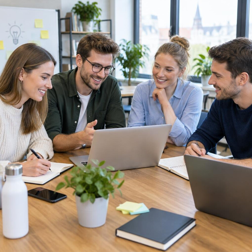 Colleagues collaborating around laptops at a table