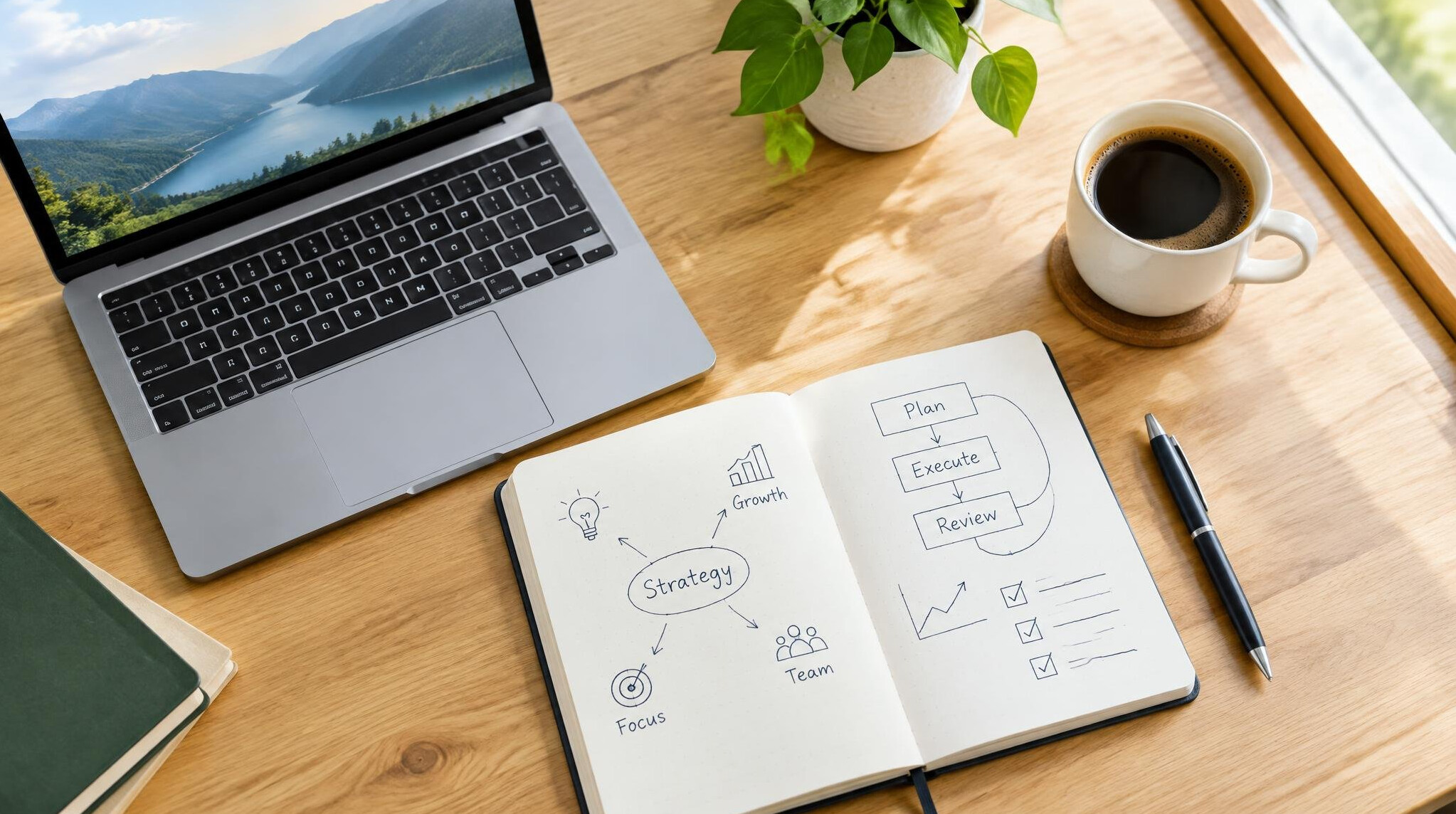 Laptop, notebook and coffee on a desk with strategy notes
