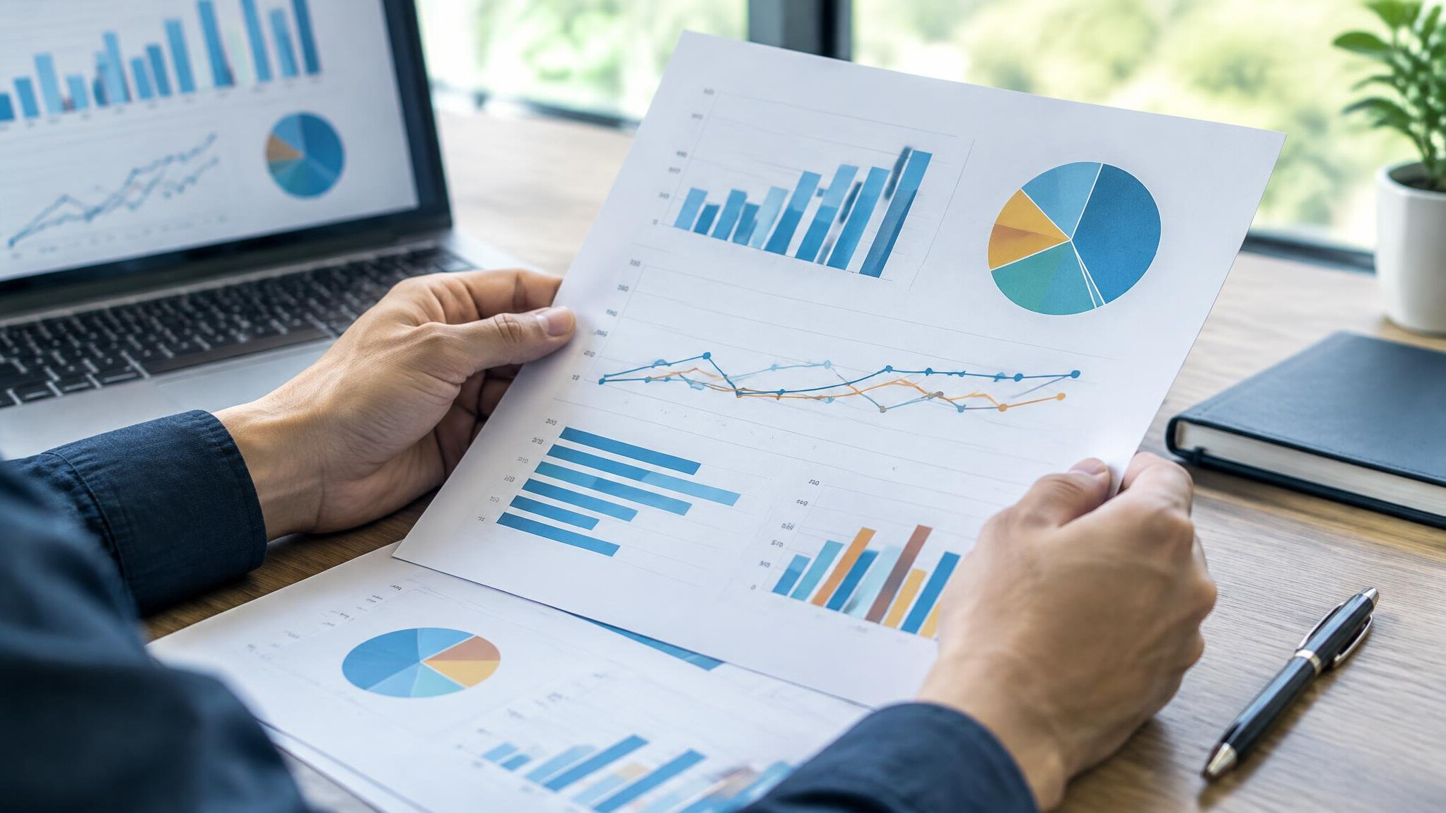 Hands analysing business charts and reports on a desk with a laptop