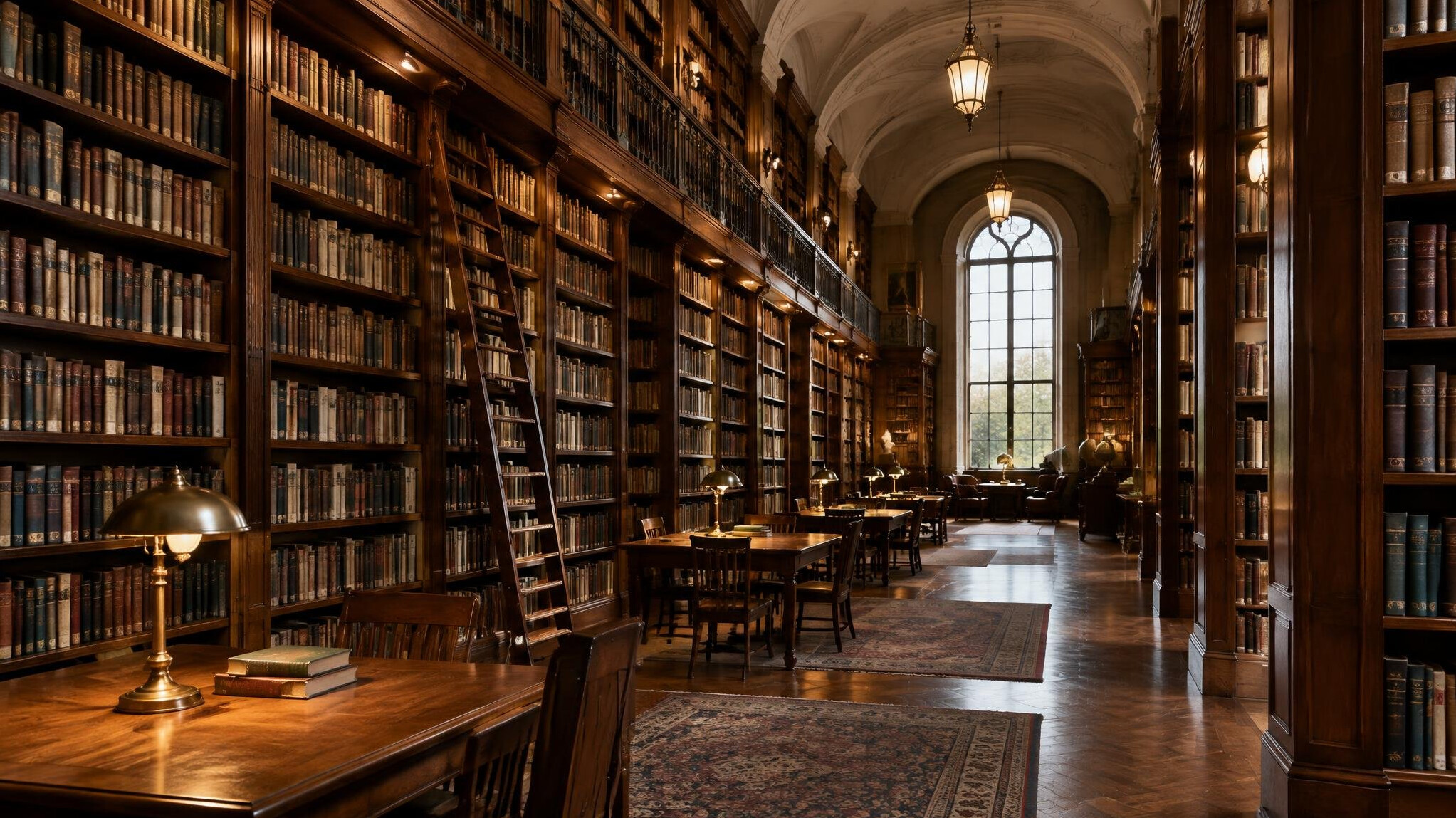 Tall library shelves filled with books