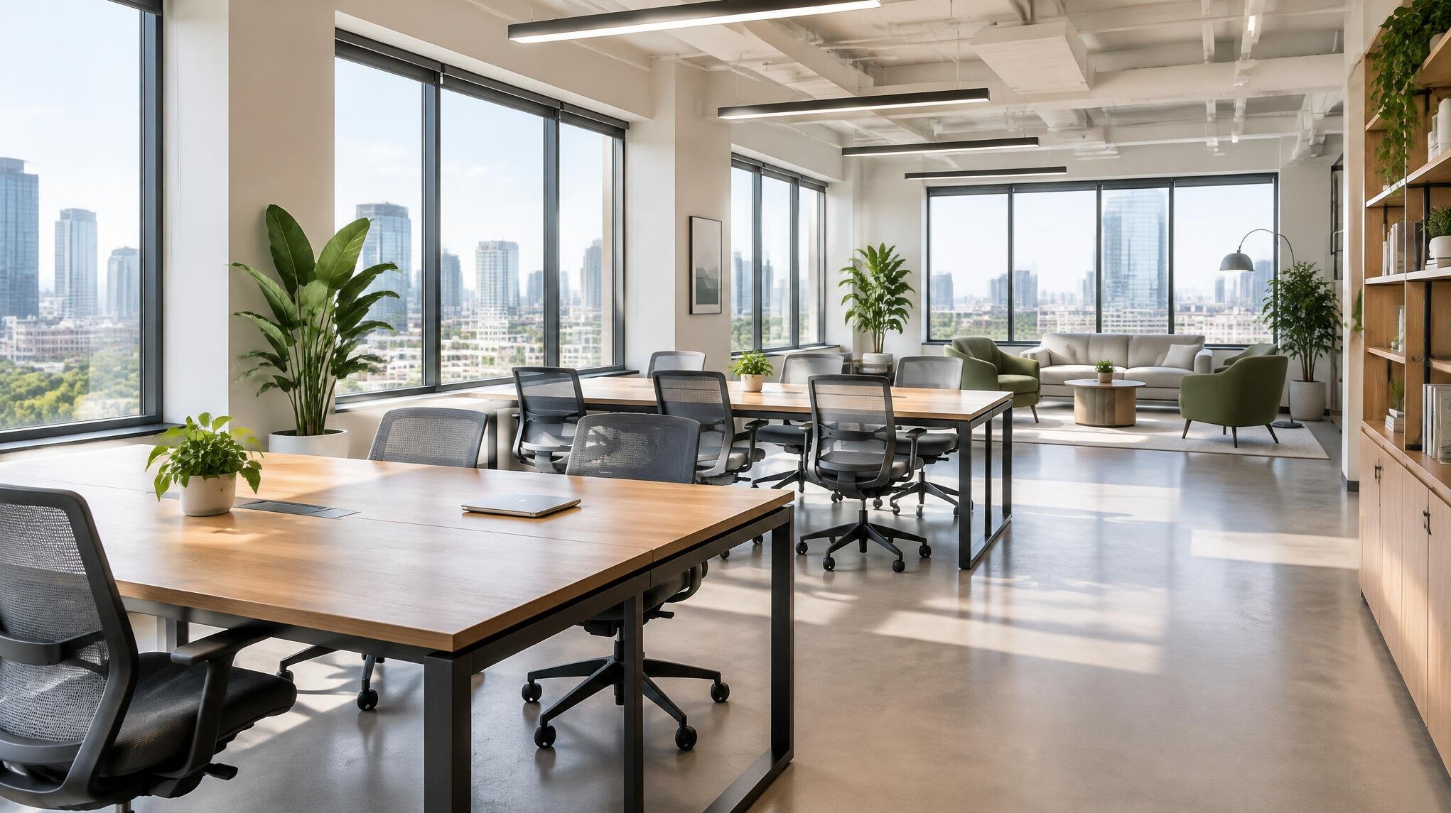 Bright modern office with large windows and wooden tables