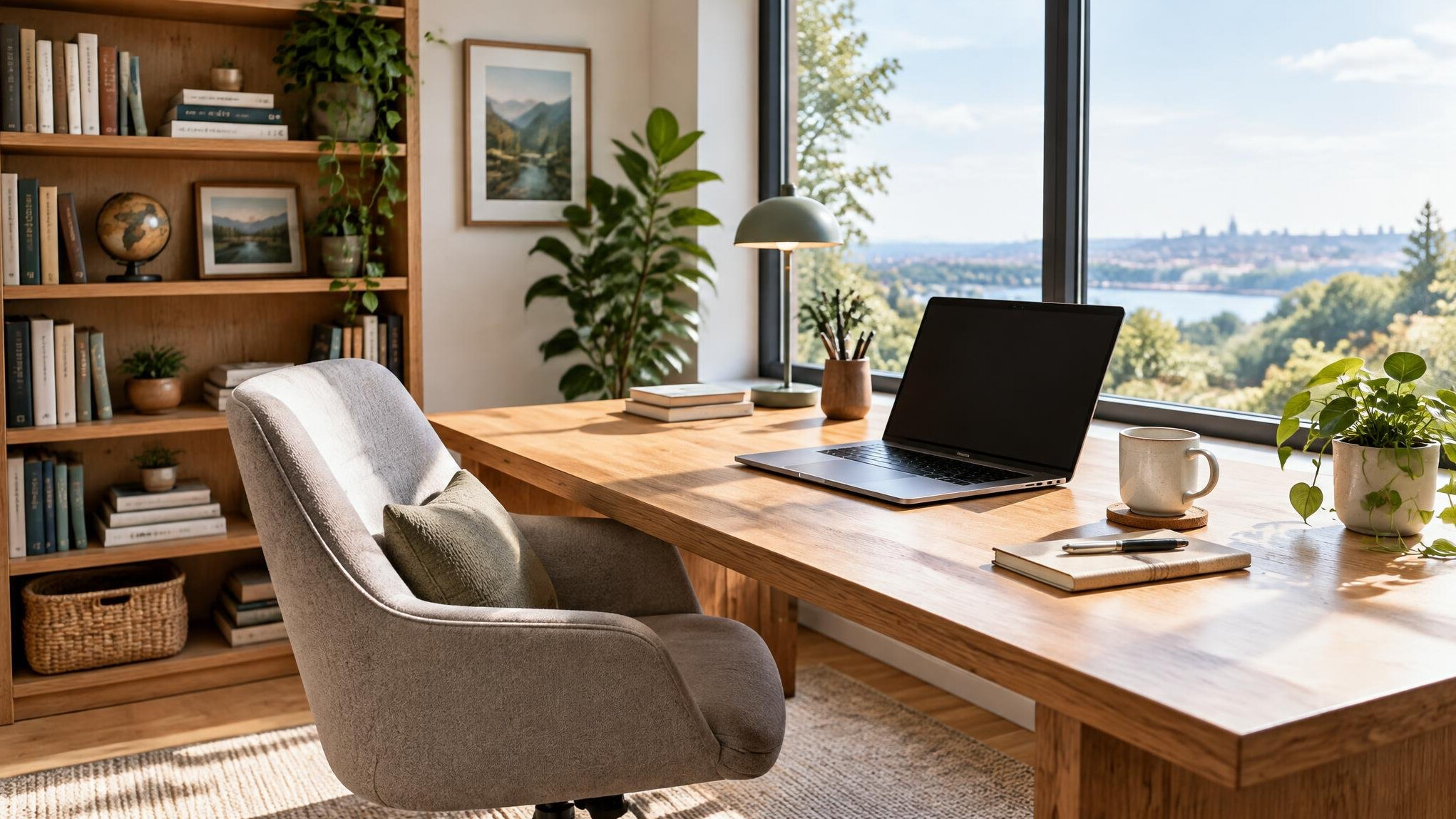 Stylish workspace with desks, chairs and a bookshelf